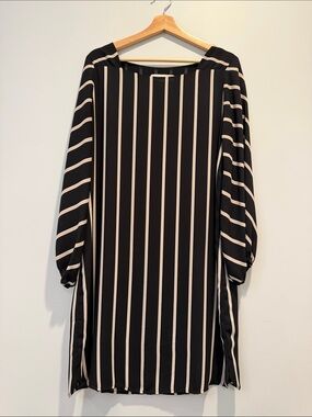 LOFT Black and Cream Striped Long-Sleeve Shift Dress
